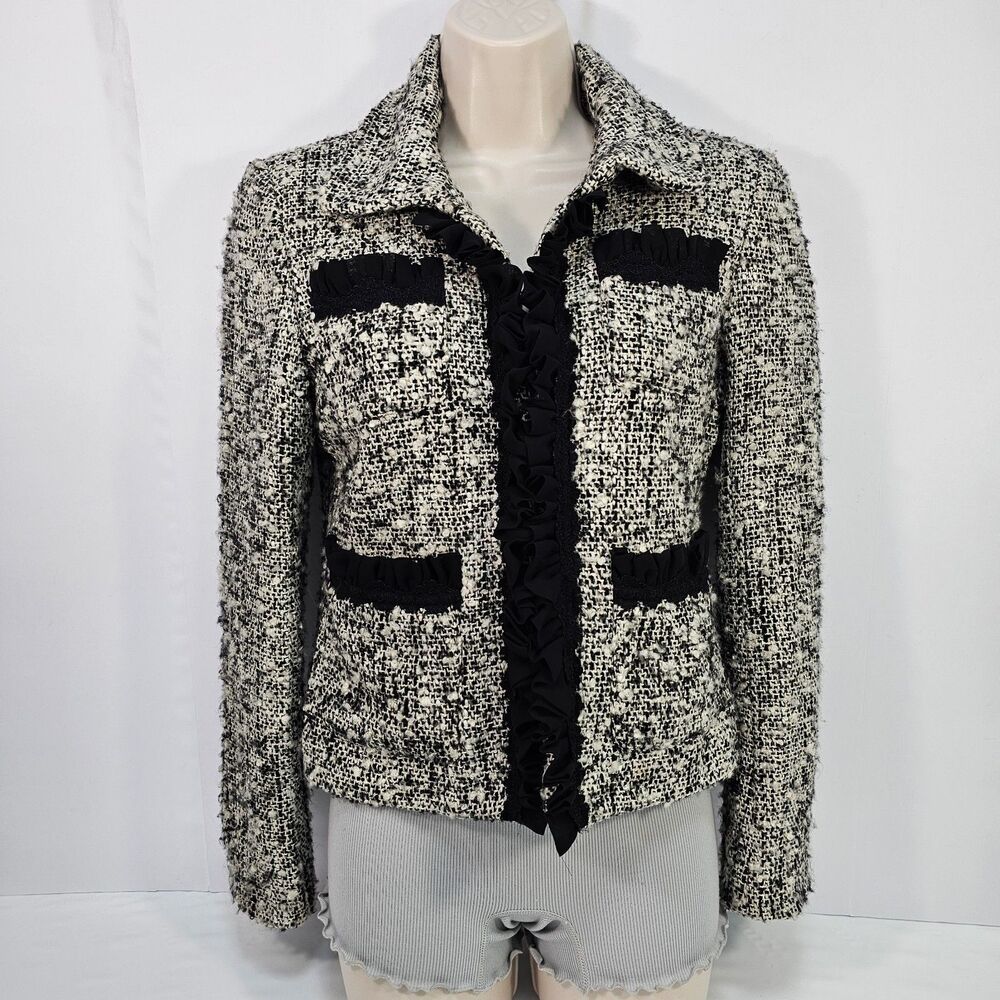 DStudio Tweed Wool Blend Ruffle Front Blazer Jacket Black White Size 2 Preppy